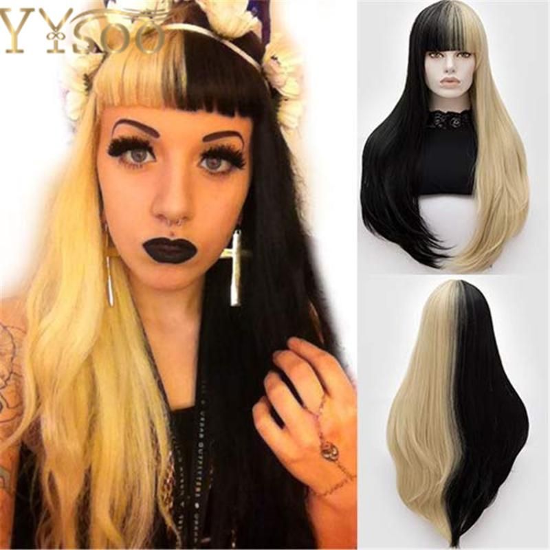 YYsoo Synthetic Cosplay Long Straight Wig Fashion Half Black Half