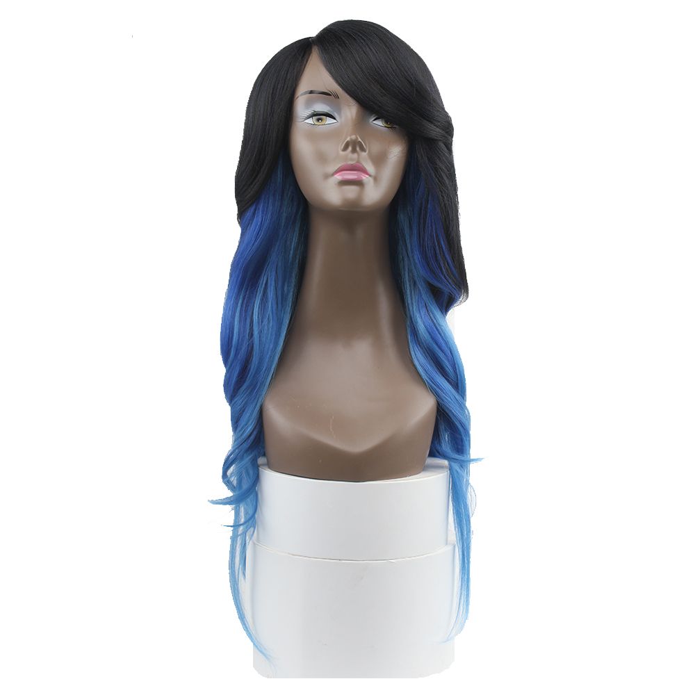 Cheap Straight Hair Wig With Loose Wave Bangs 26inch Blue Black
