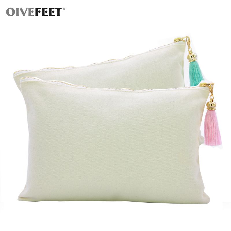 2020 OIVEFEET,12oz Plain White Cotton Canvas Cosmetic Bag With Rayon Tassel Gold Zipper Makeup ...