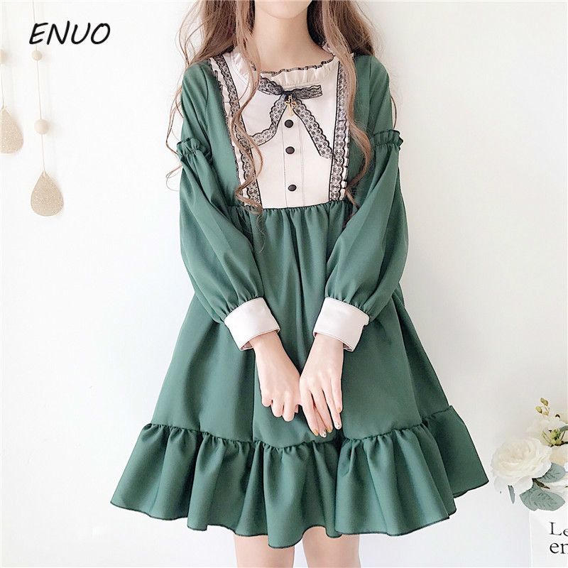 Tea Party Women Vintage Lolita Dess Girl Long Sleeve Pink Green