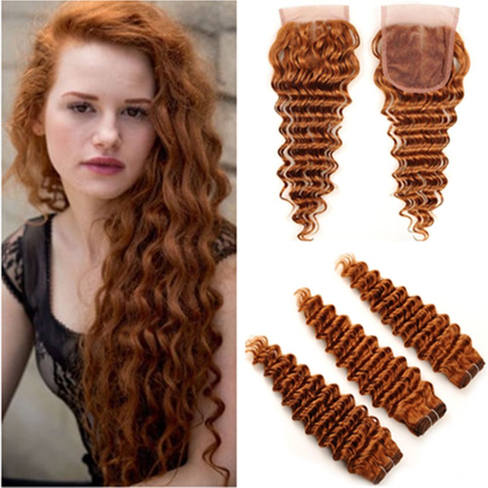 30 Medium Auburn Brazilian Bundles With Closure Deep Wave Light