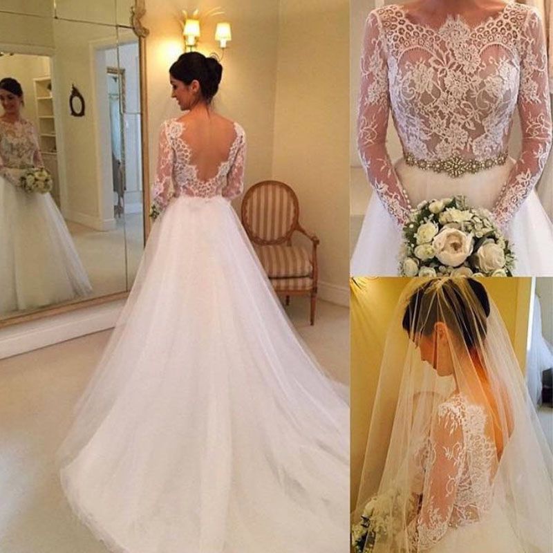 DiscountElegant Lace A Line Long Sleeves Wedding Dress Simple Multi ...