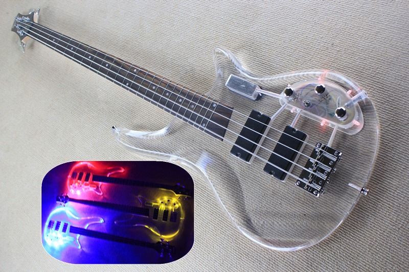 4 Strings Acrylic Electric Bass Guitar With RedBlueYellow LED,Maple