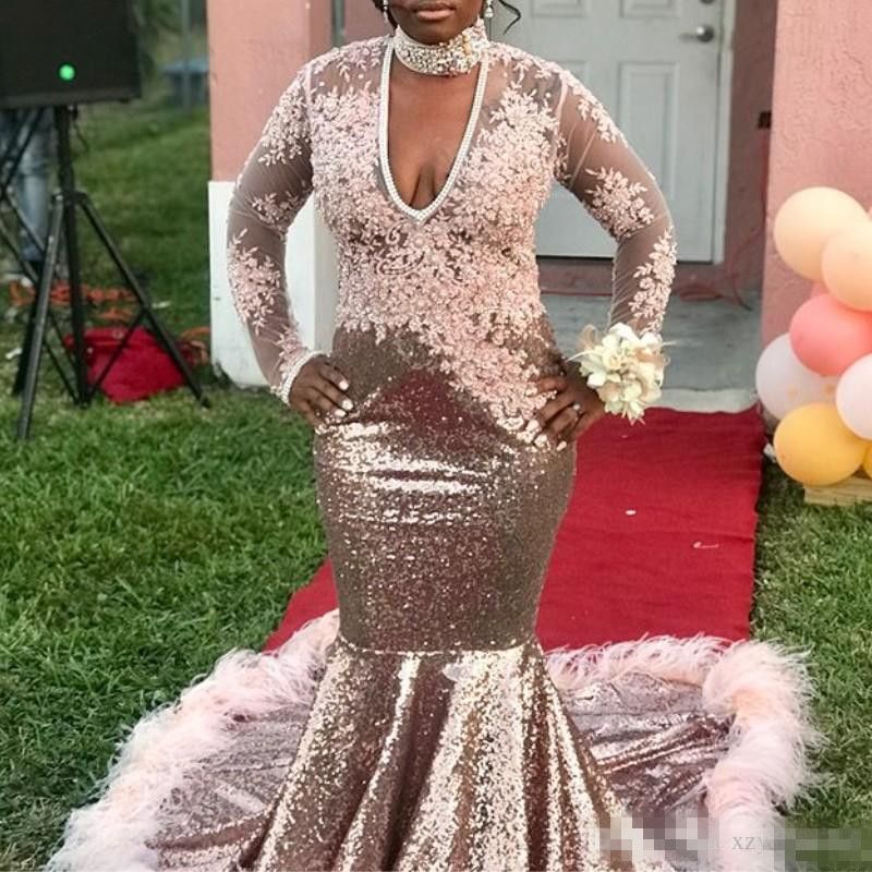 rose gold fishtail prom dress