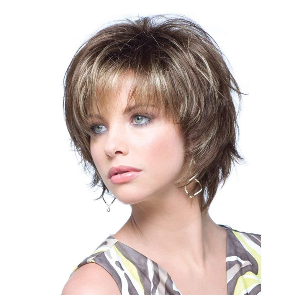 12 Short Curly Wigs With Bangs Mixed Brown Synthetic Hair Wigs For