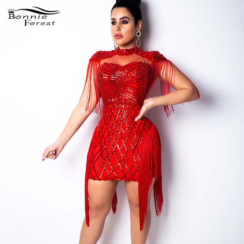 red sequin tassel dress