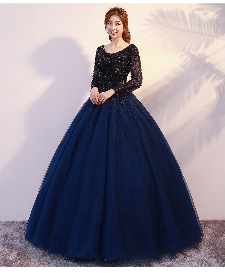 Navy Blue Ball Gown Long Modest Prom 