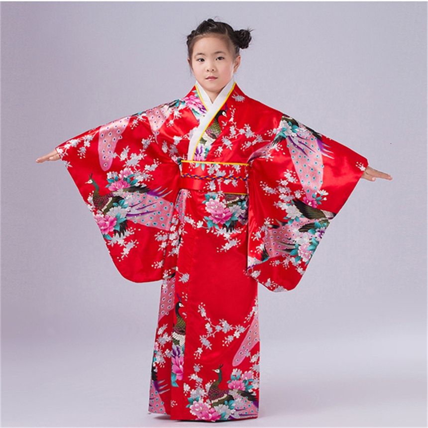 Kimono tradicional vestido de niña de seda japonesa tradicional nacional  impresión de la cereza traje rojo