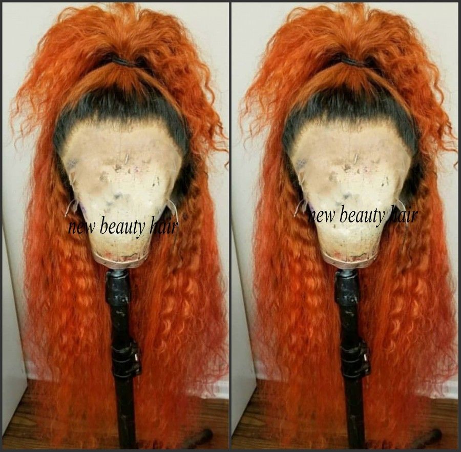 Hand Tied Kinky Curly Ombre Orange Hair Brazilian Hair Wigs