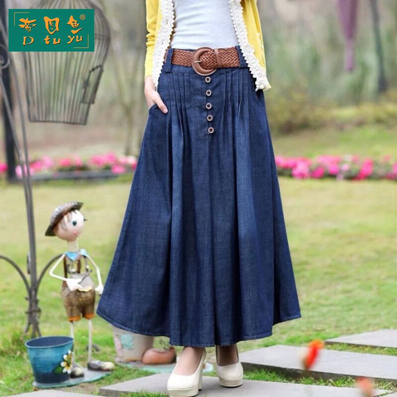 márketing George Eliot colgar Nueva falda larga de mezclilla 2019 falda larga falda plisada falda plisada  femenina delgada versión coreana