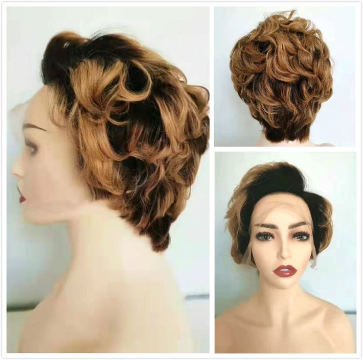 Highlight Honey Blonde Short Wig Pixie Cut Wavy 1b 27 Ombre Human