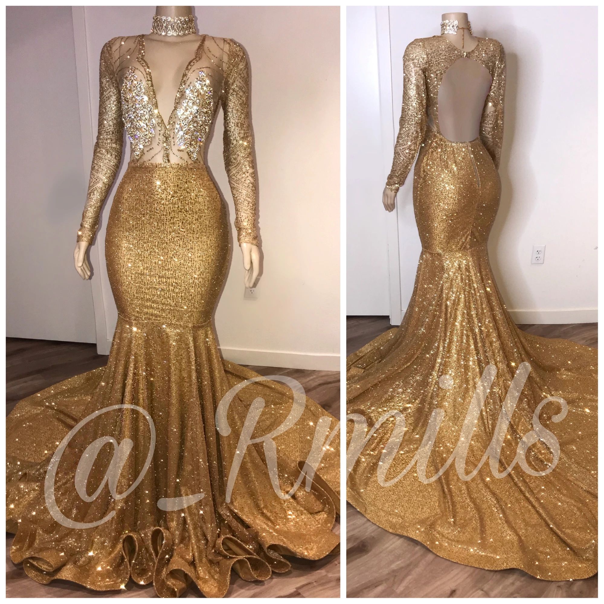 blue and gold long sleeve prom dress