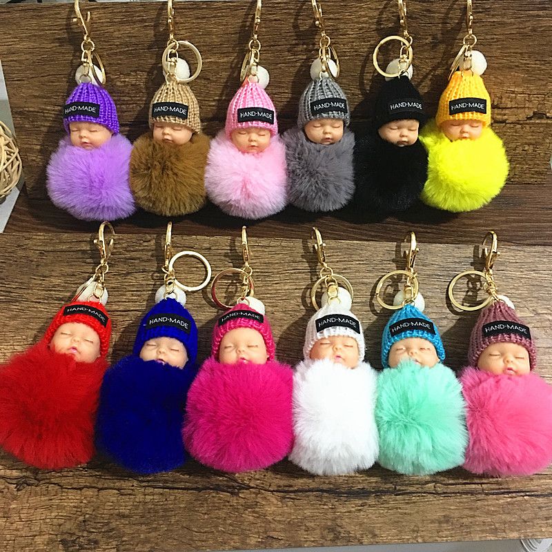 Cute Sleeping Baby Doll Keychain Pompom Rabbit Fur Ball Carabiner Key