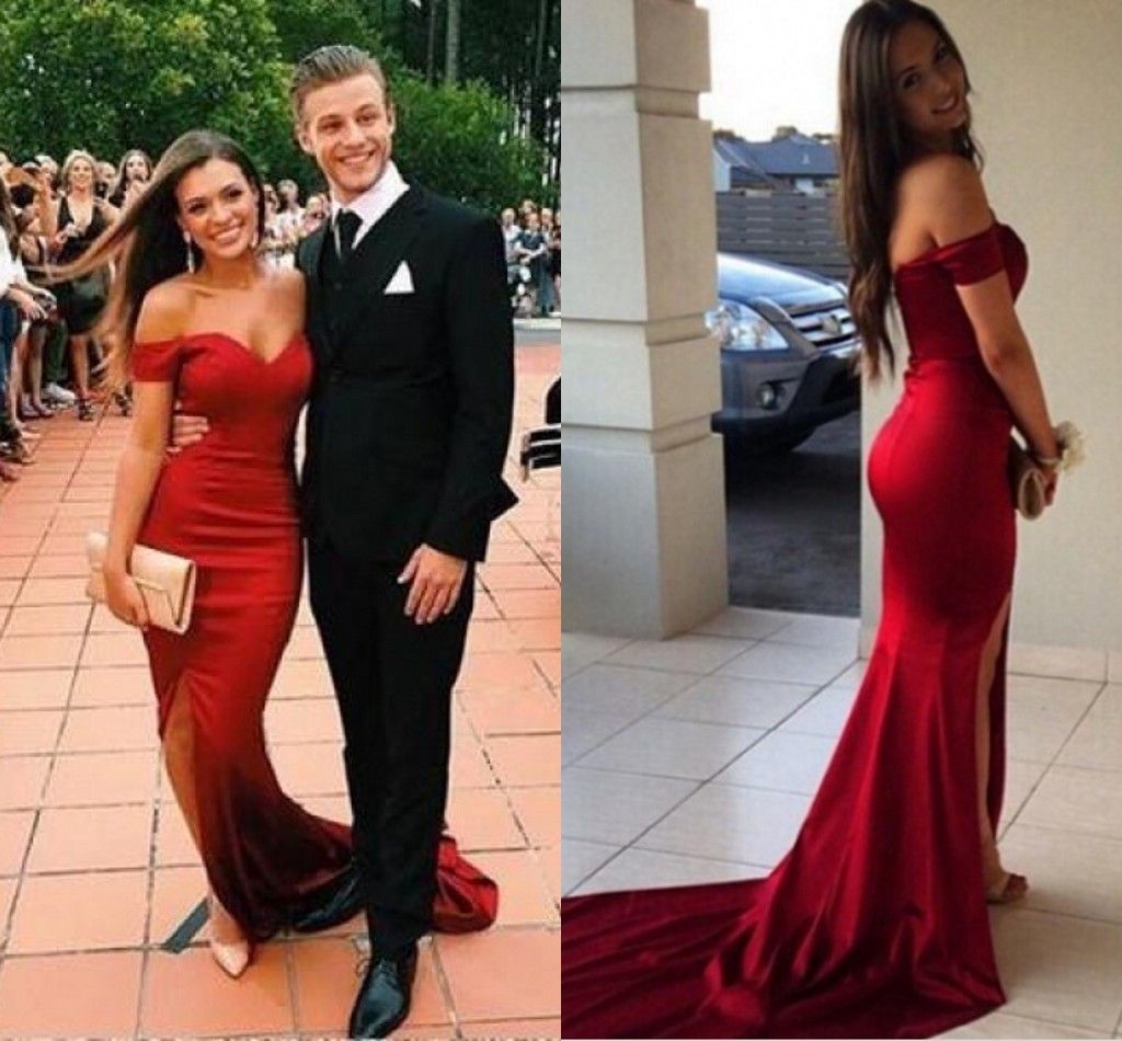 Sexy Red 2019 Prom Dresses Long Mermaid With Side Slit Off The