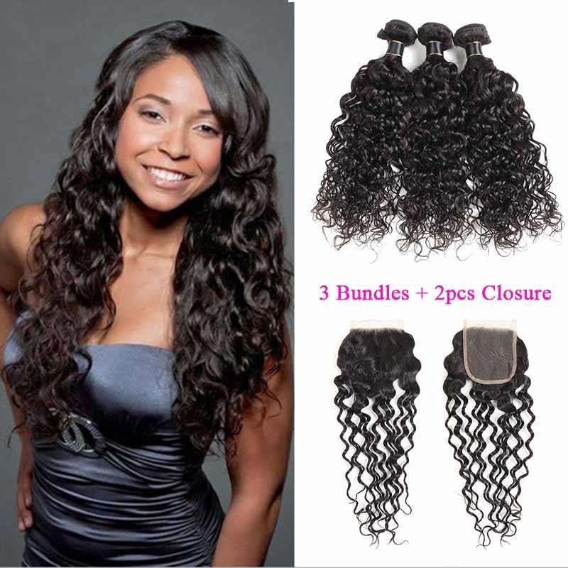 100 Human Hair Weaves Water Wave 3 Bundles With Lace Closure