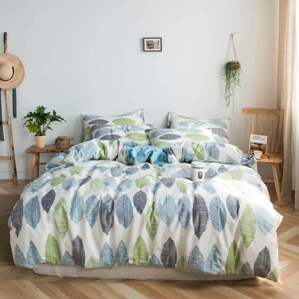 2019 Green Blue Grey Leaves Bed Cover Duvet Cover Set Cotton