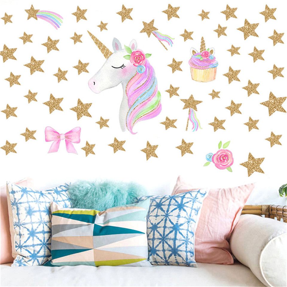 Cute Cartoon Reflective Unicorn Horse Heart Stars Wall Sticker Wallpaper  Home Room Decor Decal Diy Cartoon Decals For Kids