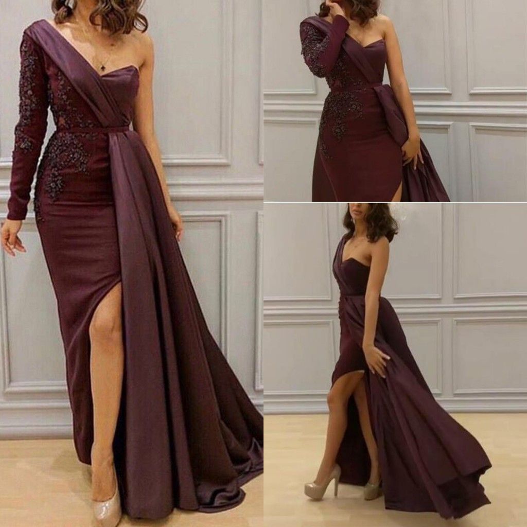 Arabic One Shoulder Satin Mermaid Long Evening Dresses Ruched Lace ...