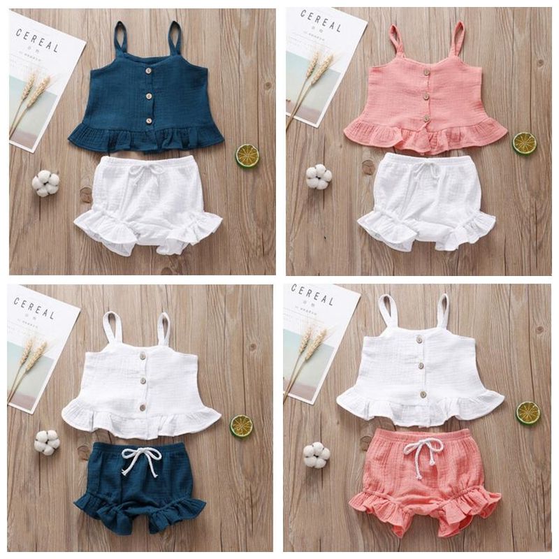 Baby Girls Summer Ruffled Collar Vest Top 1-2Y, Blue Shorts Clothing Set