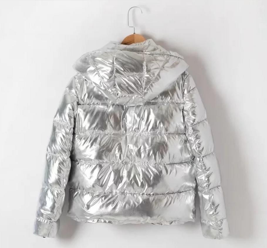 Color plata metal chaquetas de invierno, abrigo cálido, parka dames mujer invierno