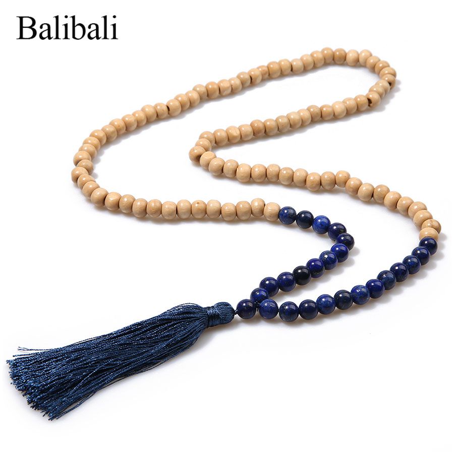 Balibali 2018 Moda Collares largos Borla Declaración Collar de piedra natural Mujeres Cuentas madera