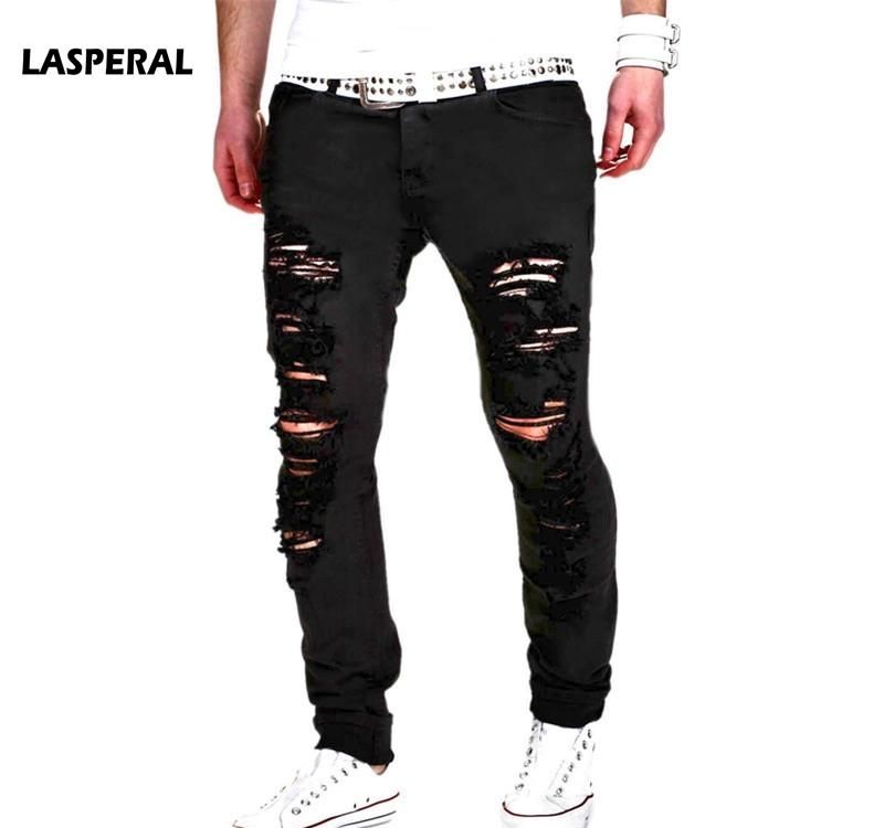 LASPERAL 2018 Nueva jeans rotos Hombres Con Agujeros Denim Super Skinny marca fábrica adelgazan