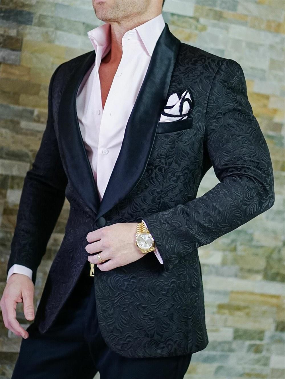 Custom Made Men Suits Black Pattern Groom Tuxedos Shawl Satin Lapel