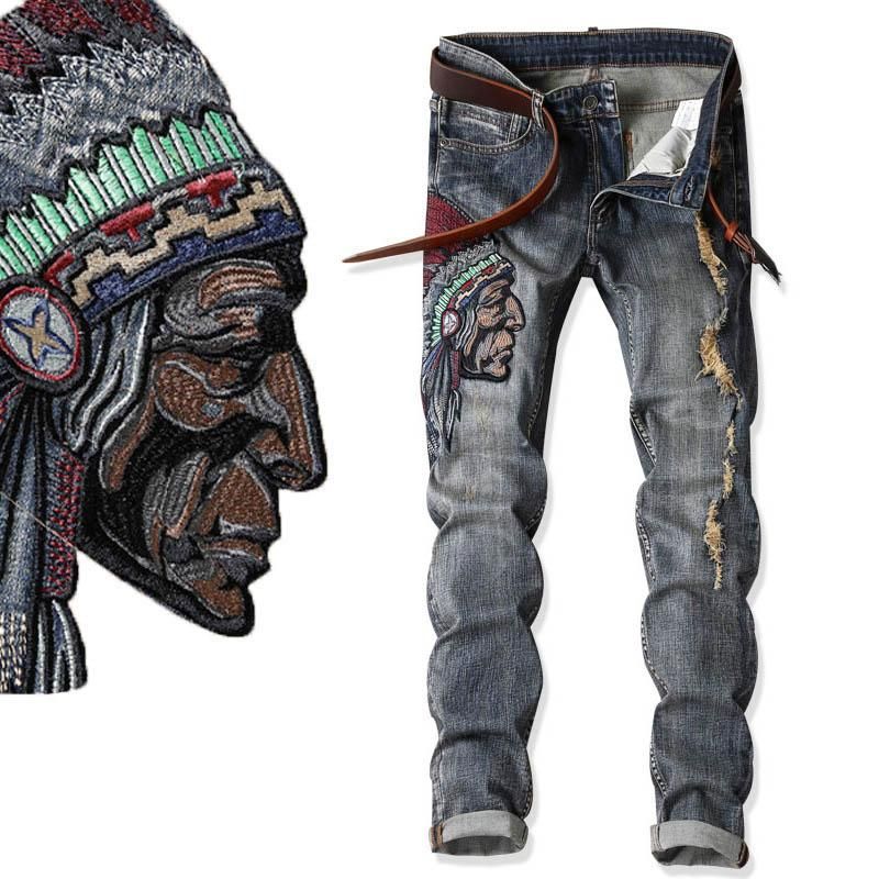 Indian Chief Embroidery Jeans Ethnic Patch Punk Distressed Designer Street Fashion Cool Jean Unique