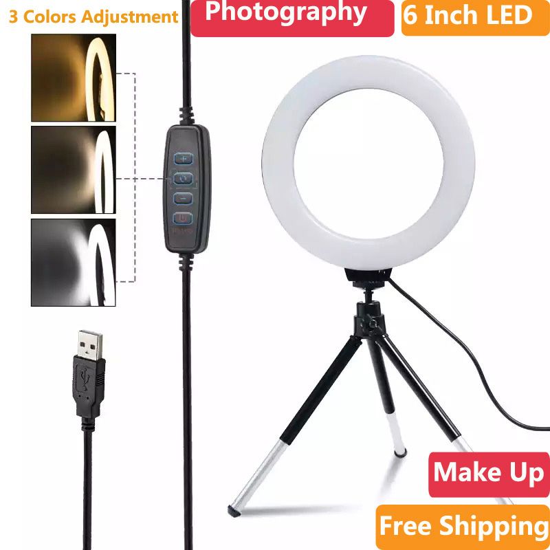 2020 6inch Mini LED Desktop Ring Light Stepless Dimming With Tripod