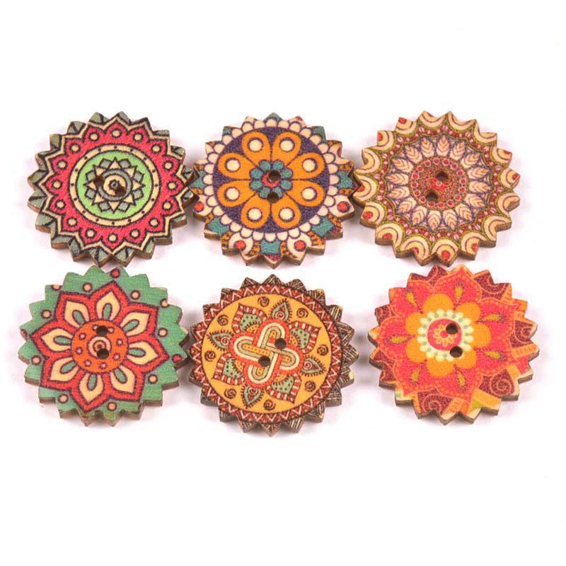 Mahaohao Assorted Flower Painting Wood Big Buttons Round 2 Holes Decorative Wooden Button for Sewing Crafting 25mm 1 Inch 100-Pack