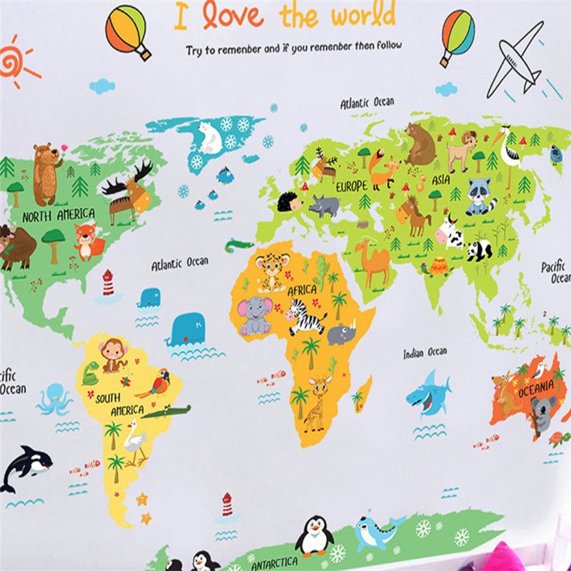 Cartoon Animal World Map Childrens Bedroom Kindergarten Decorative
