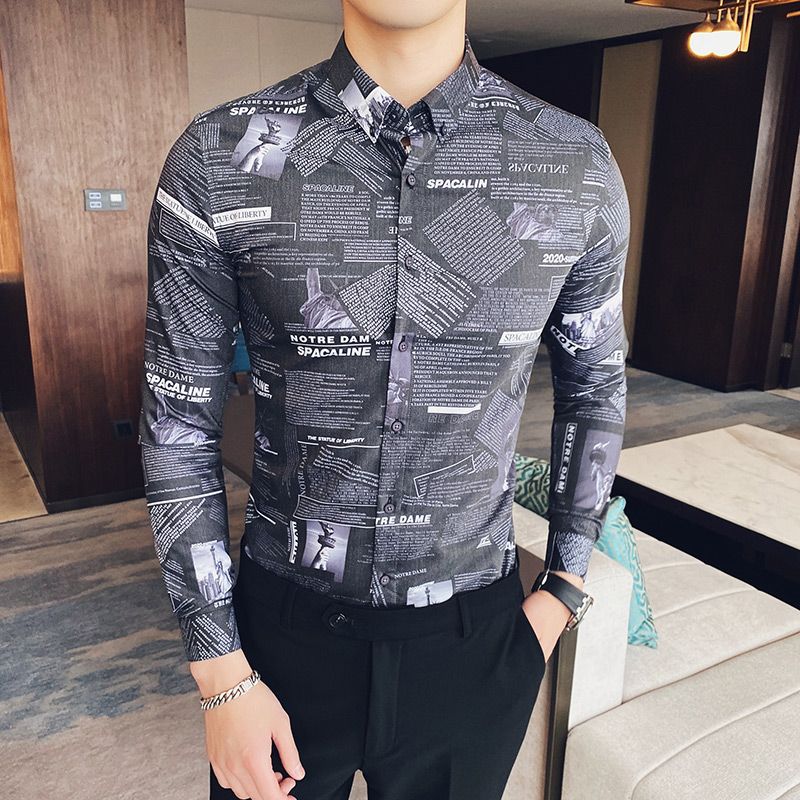 2020 England Style Print Shirt Business Casual Long Sleeve Shirt