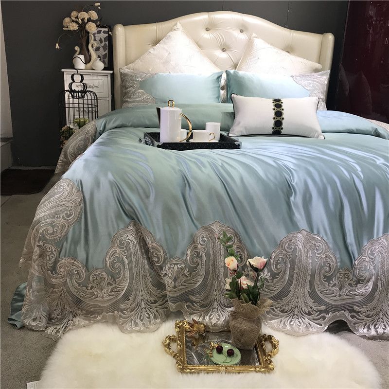 Light Blue Champagne Luxury Romantic Lace Embroidery 100s Silk