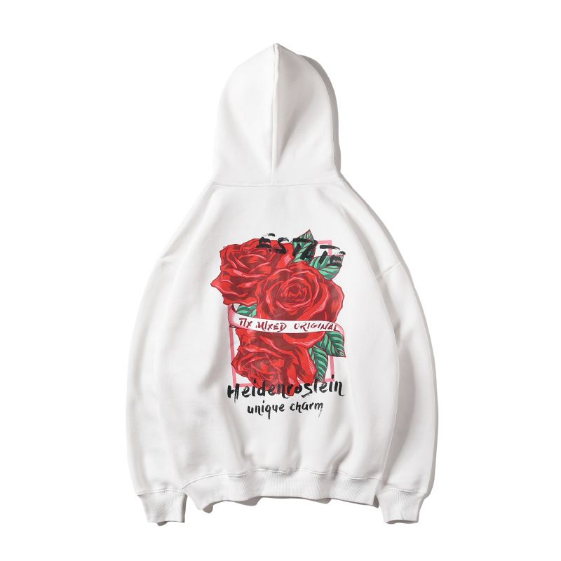 black hoodie with a red rose