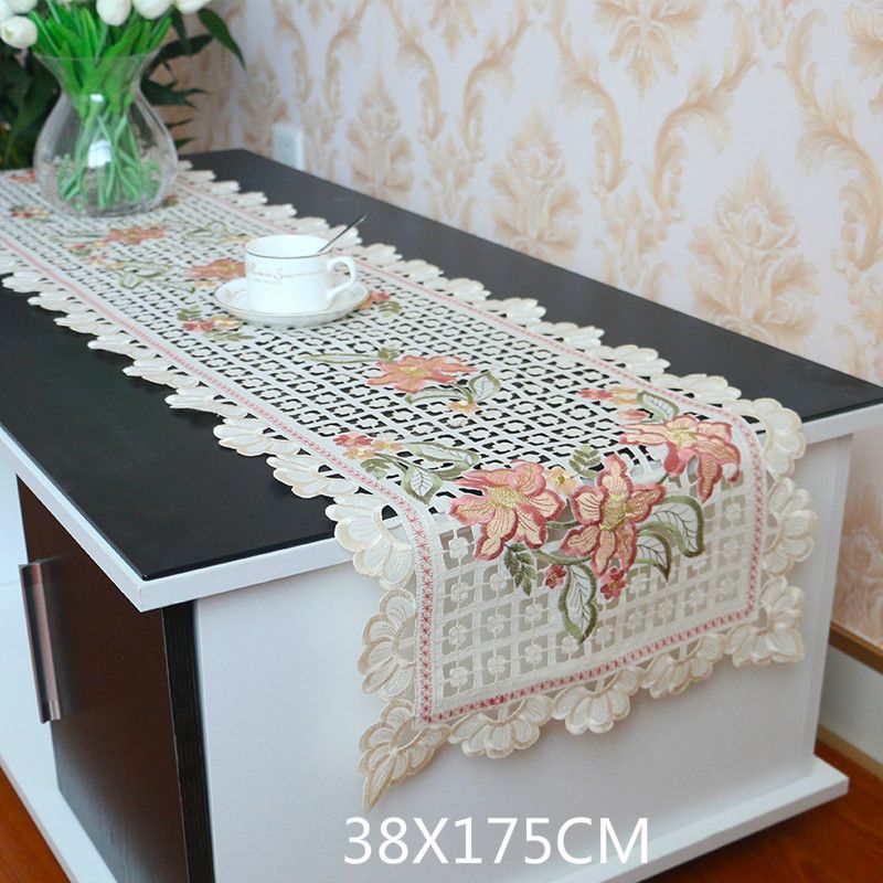 European 3d Flowers Embroidery Lace Table Runner Cloth Hollow