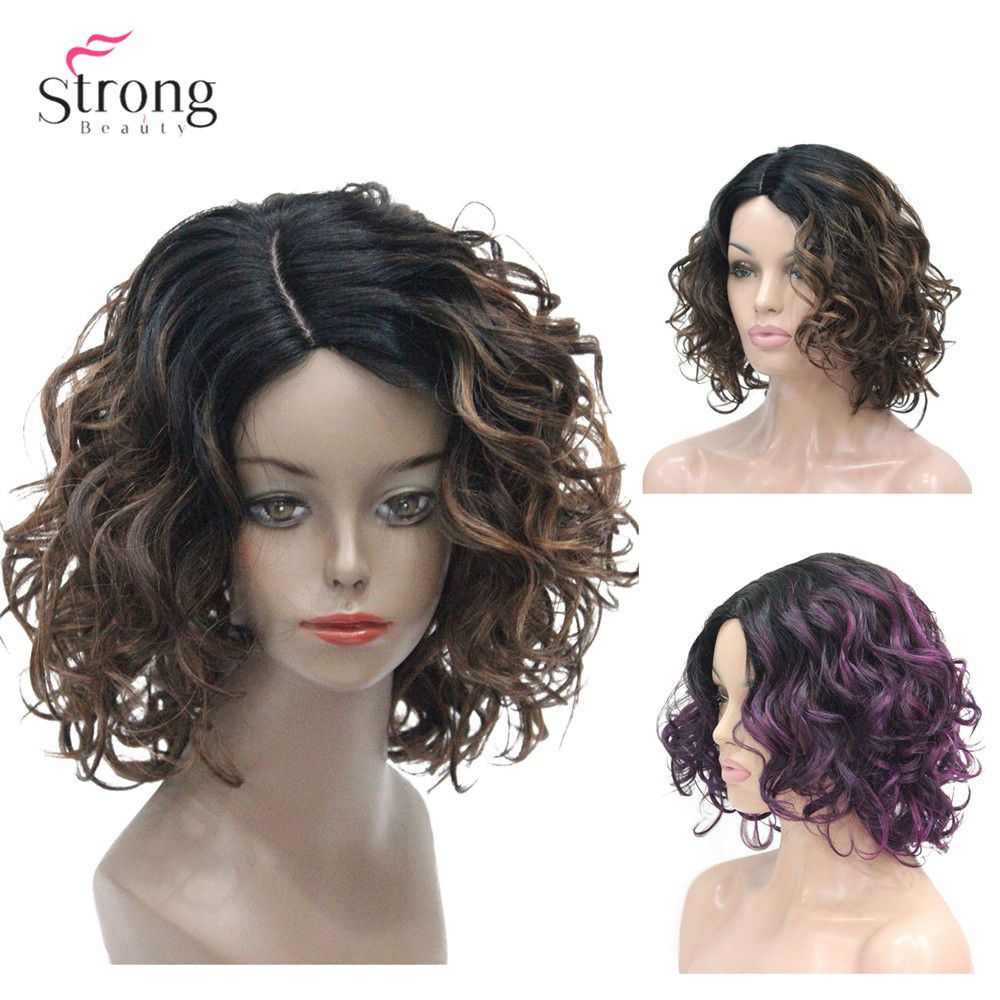 Women S Synthetic Medium Curly Wig Ombre Purple Light Brown Hair L