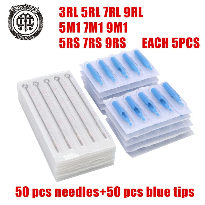 Assorted Sterilized Tattoo Needles and Disposable Tubes Tips Mixed 10 Sizes  3RL 5RL 7RL 9RL 5RS