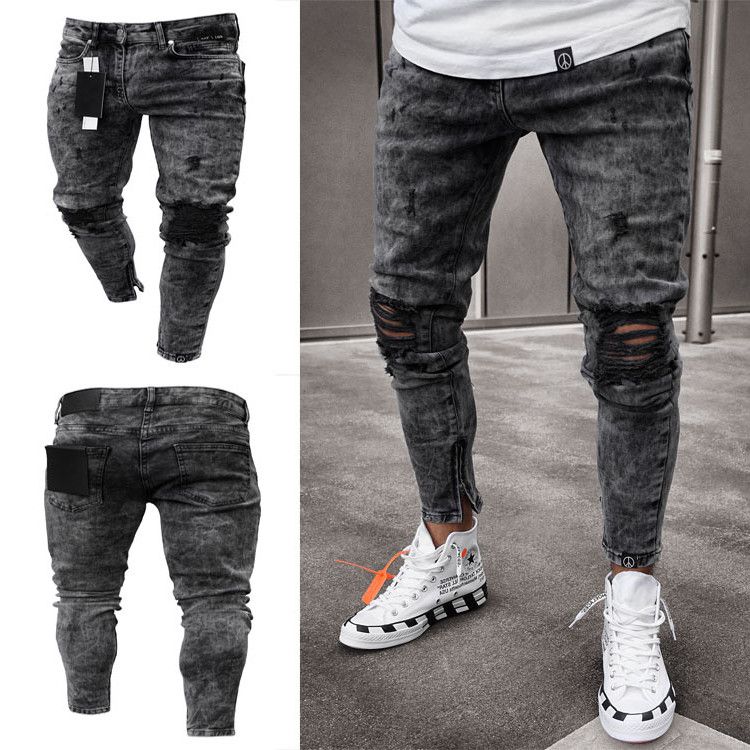 Grijze Slim Fit Heren Jeans met Scheuren - Black-Leo.nl