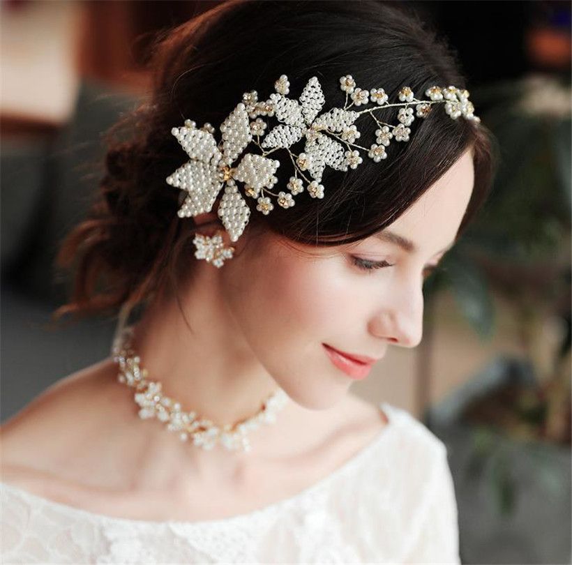Pearls Headband Tiara Crystal Hair Accessory Wedding Headpieces Flower Wreath