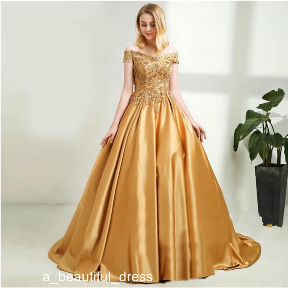 Elegant Gold Satin Beads Prom Dresses Sexy Lace Up Off Shoulder Long ...