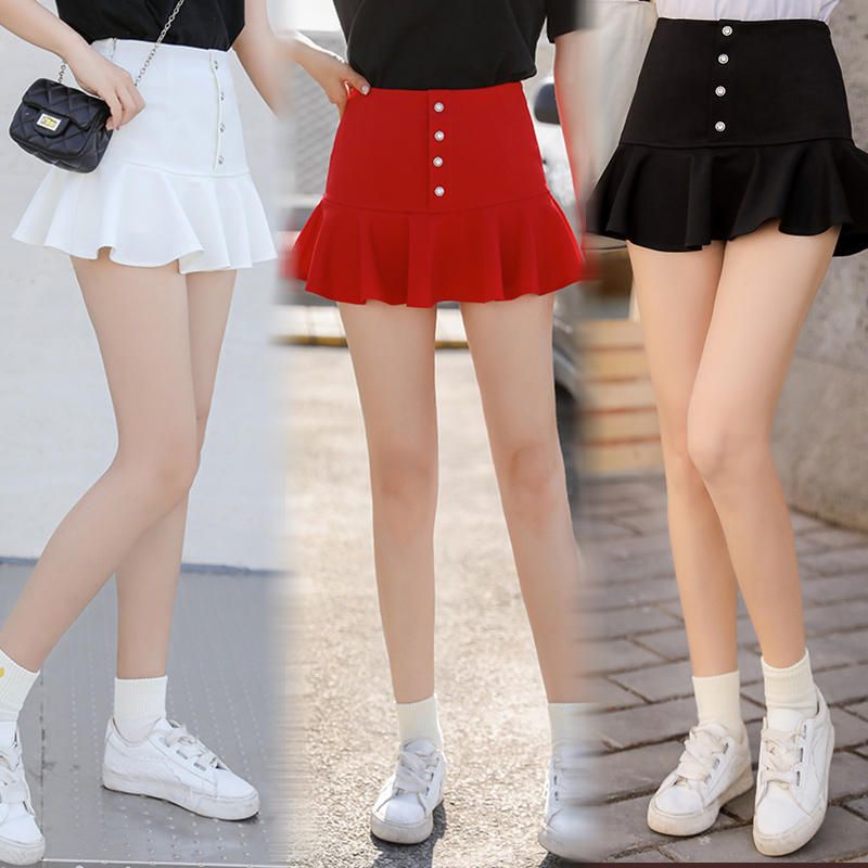 2020 Harajuku Short Women Pleated Skirt Casual White High Waist Skirts Womens Streetwear Button