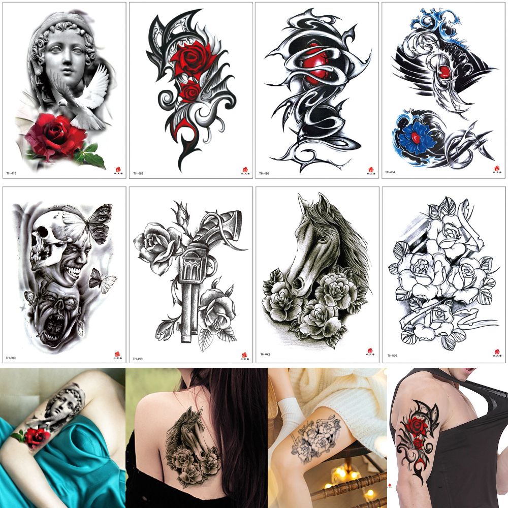 Fake Black Woman Man Flower Arm Tattoo Sticker Design Temporary Body Art  Rose Sickle Axe Skull Devil Butterfly Horse Totem Tattoo Makeup DIY From  Homimly, $0.71 | DHgate.Com