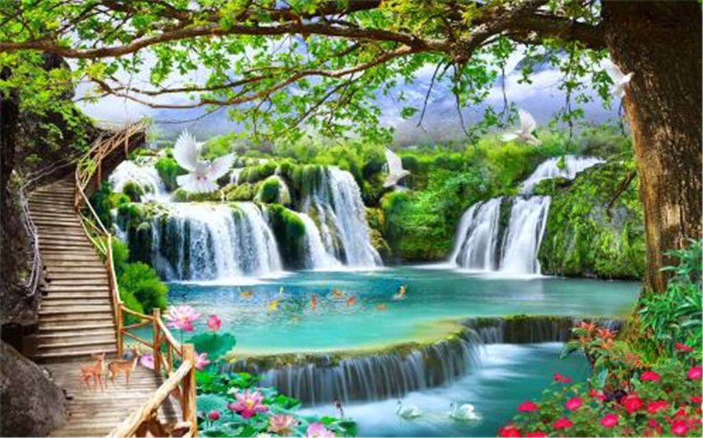 Wallpaper 3d Casual Green Tree Forest Waterfall Landscape Scenery
