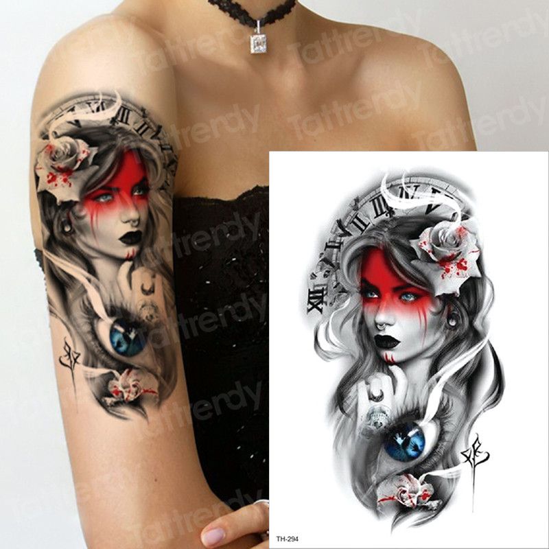 Acheter Masque Fille Bulle Horloge Femmes épaule Tatouage Geisha Halloween Tatouages Temporaires Autocollant Joker Noir Et Blanc Deisigns De 54