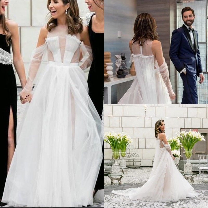 Discount See Though Jewel Neck Illusion A Line Wedding Gown Modern