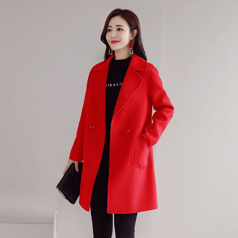 New Women Red Loose Coat Long Jacket Winter Wool Blend Loose Outwear Trench