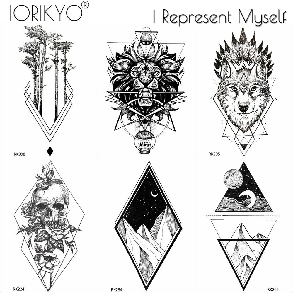 Acheter IORIKYO Transfert Géométrique Lion Tatouages Autocollants Hommes Crâne Bras Tatouage Temporaire Femmes Tatouage Montagne Triangle Noir