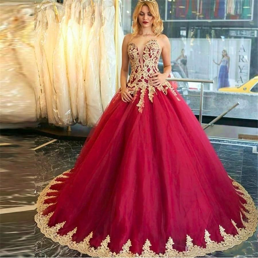 Discount Burgundy Tulle With Gold Lace Wedding Dress