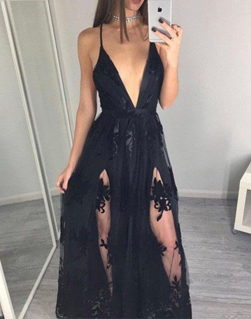 Vestidos de noche sin mangas con cuello en V negro y encaje vestido de noche de Vestidos de noche sin mangas con cuello en V negro y encaje vestido de noche de