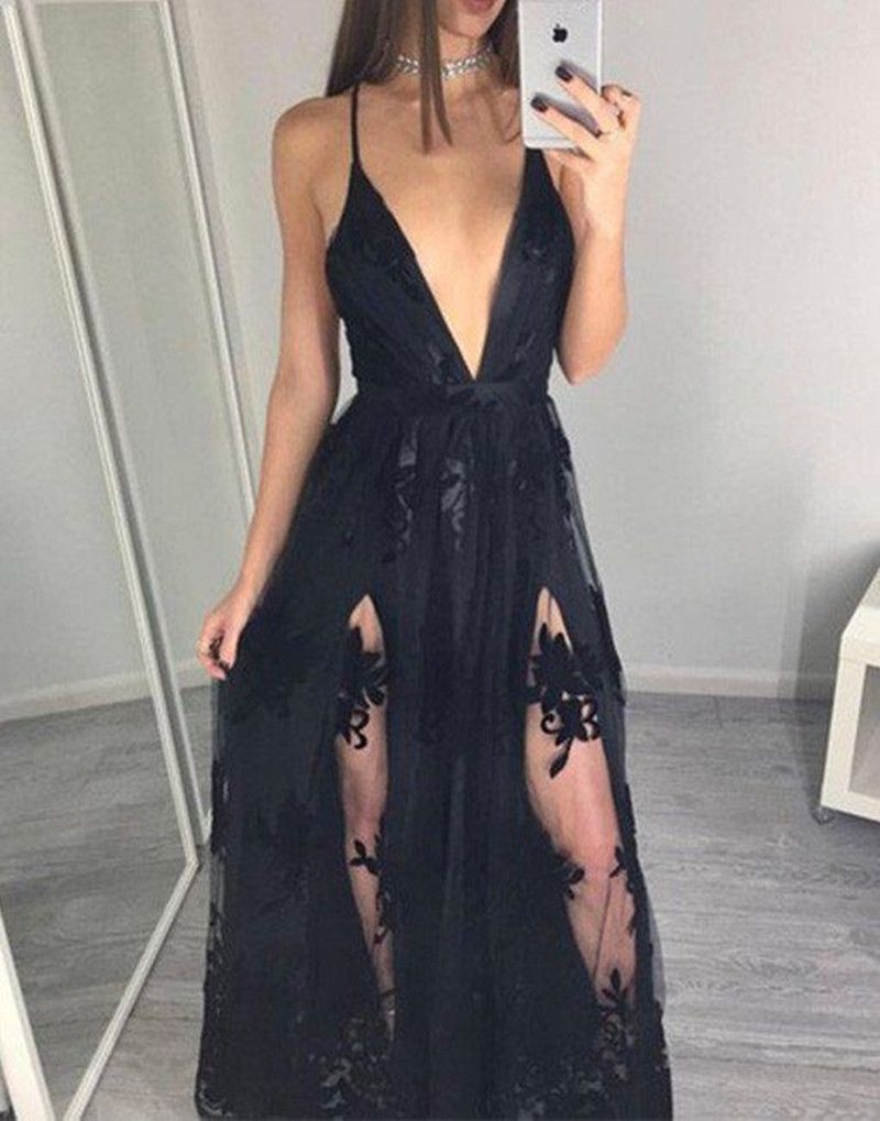 Vestidos De Noche Mangas Con Cuello En V Negro Y Encaje Vestido De Noche De Fiesta De Fiesta Sexy Vestido De Mujer Formal De 126,03 € | DHgate